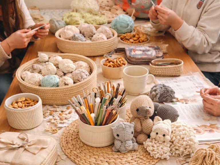 Teilnehmerinnen häkeln gemeinsam an einem Tisch mit bunten Wollknäueln in der Kreativwerkstatt.
